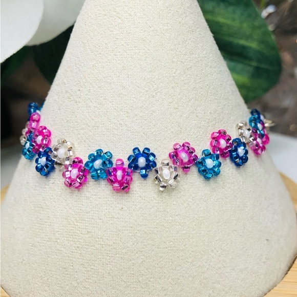 Pink Blue Czech Beaded Bracelet Daisy Thin Dainty Floral Flower Bling Glam NEW - Picture 6 of 6
